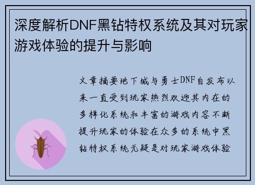 深度解析DNF黑钻特权系统及其对玩家游戏体验的提升与影响